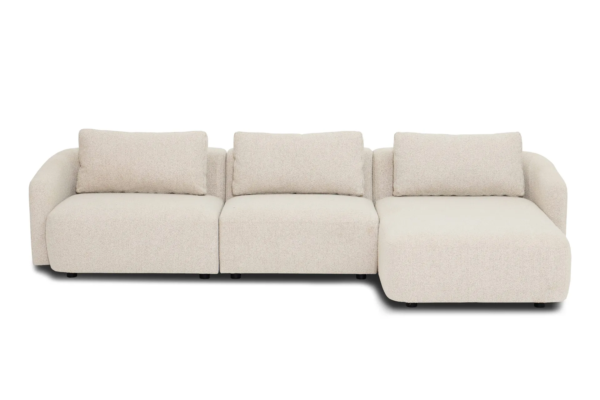 Milano 5-sits Rundad H&ouml;gerv&auml;nd L-soffa med L&aring;g Rygg i Beige Boucle - Beige
