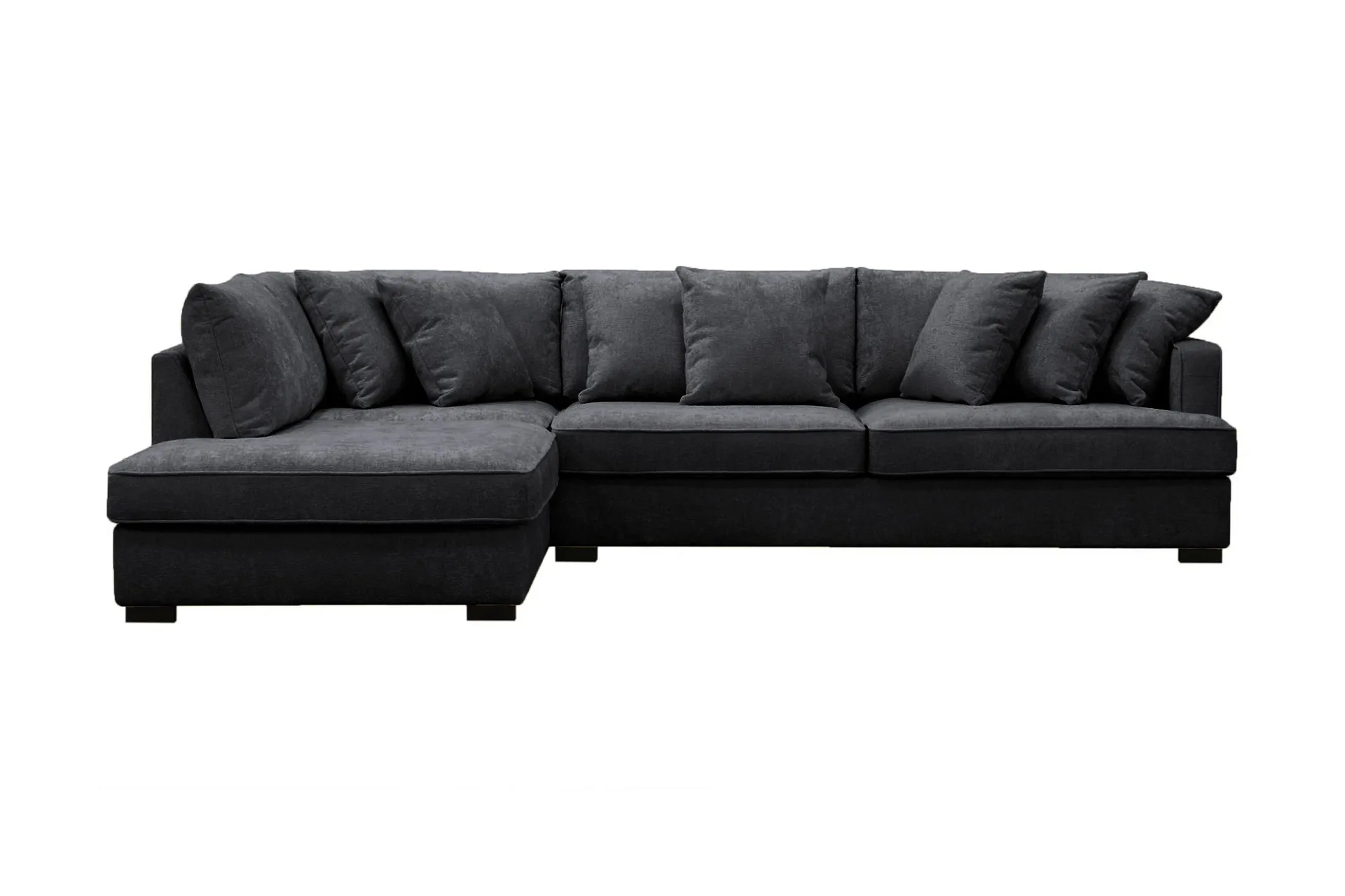 Rossita 4-sits V&auml;nsterv&auml;nd L-formad Djup Sch&auml;slongsoffa i Chenille - Trenza 01, Svart Chenille