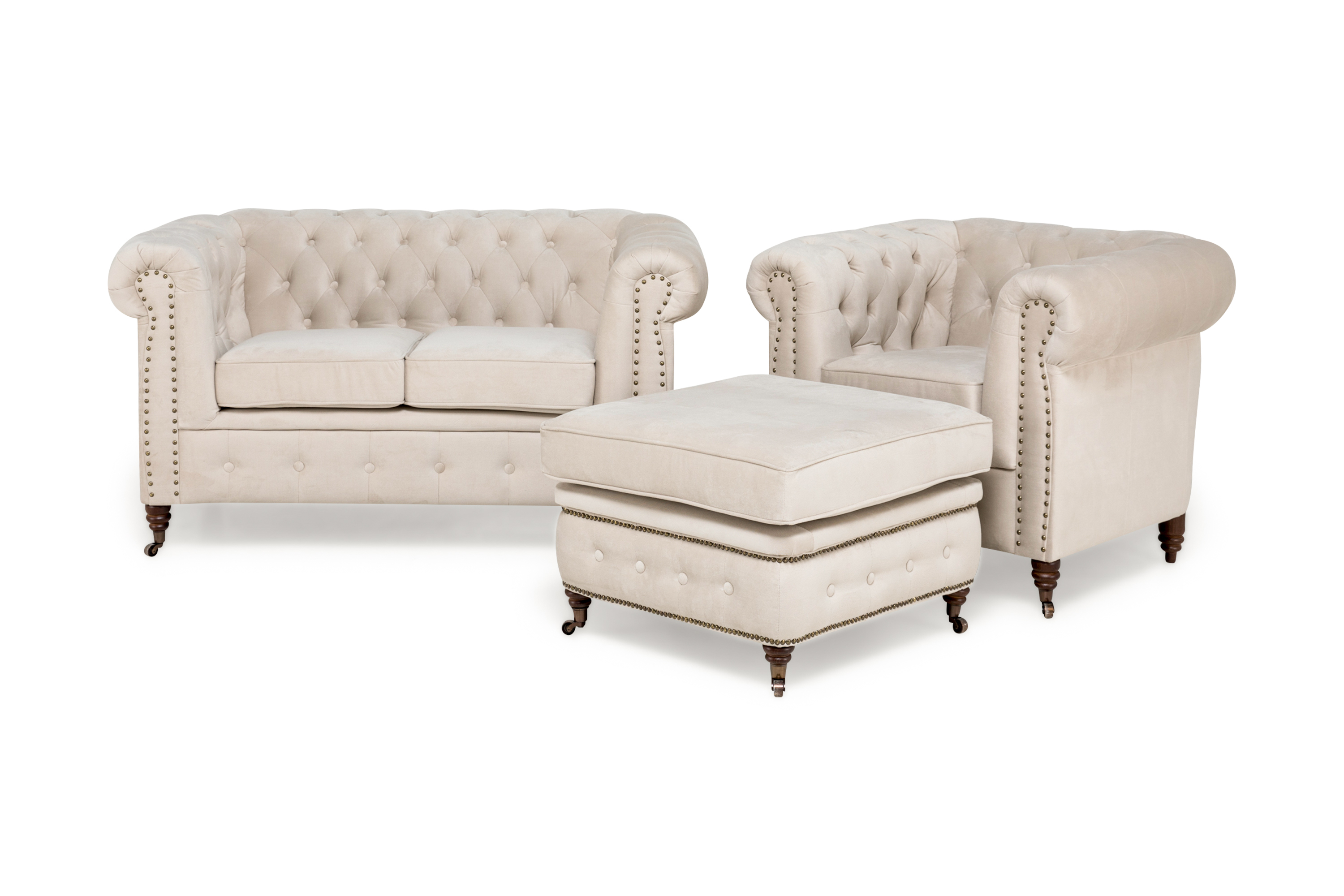 Soffgrupp Chester Deluxe 2-sits-Fåtölj-Fotpall Sammet Beige