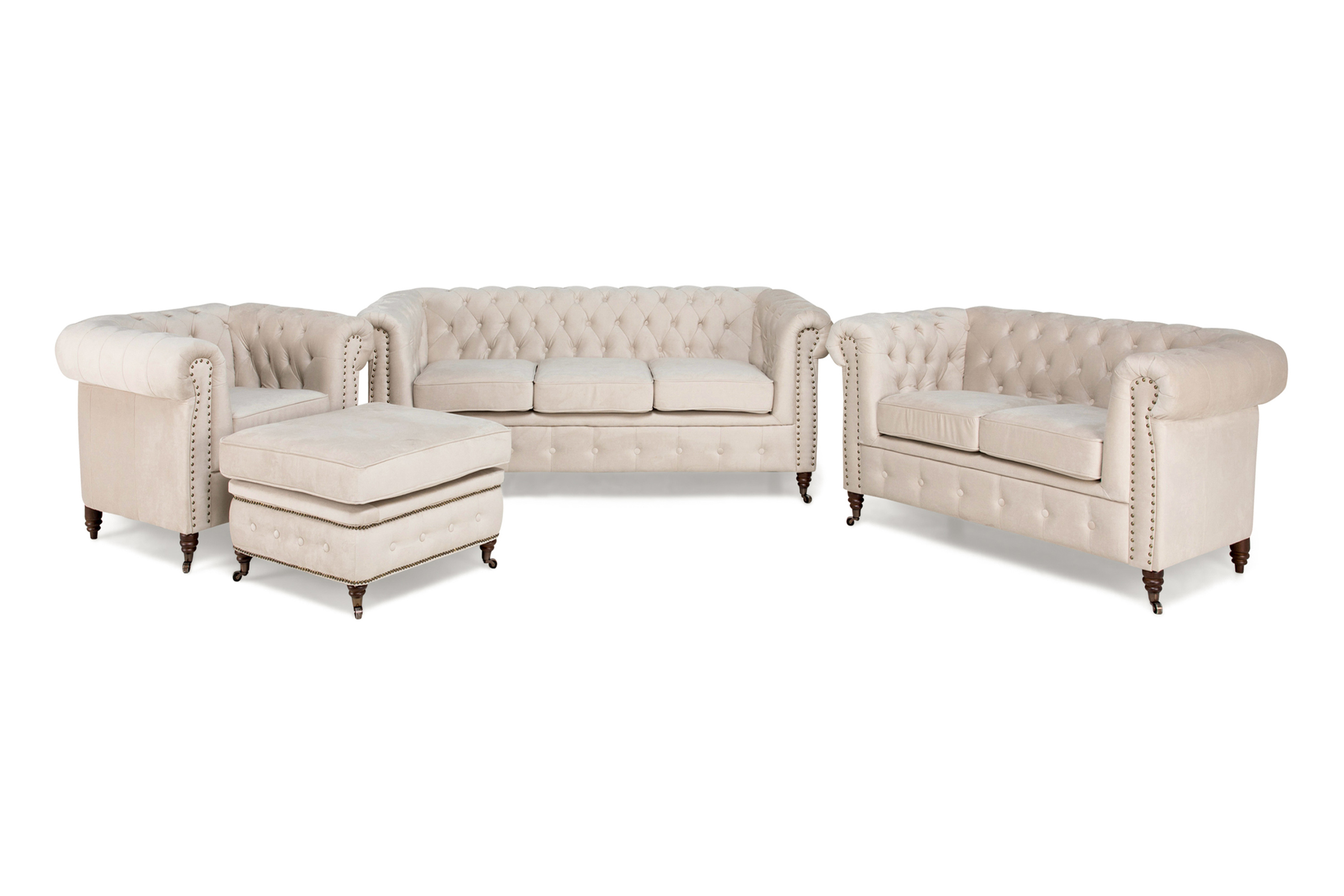 Soffgrupp Chester Deluxe 3-2-Fåtölj-Fotpall Sammet Beige