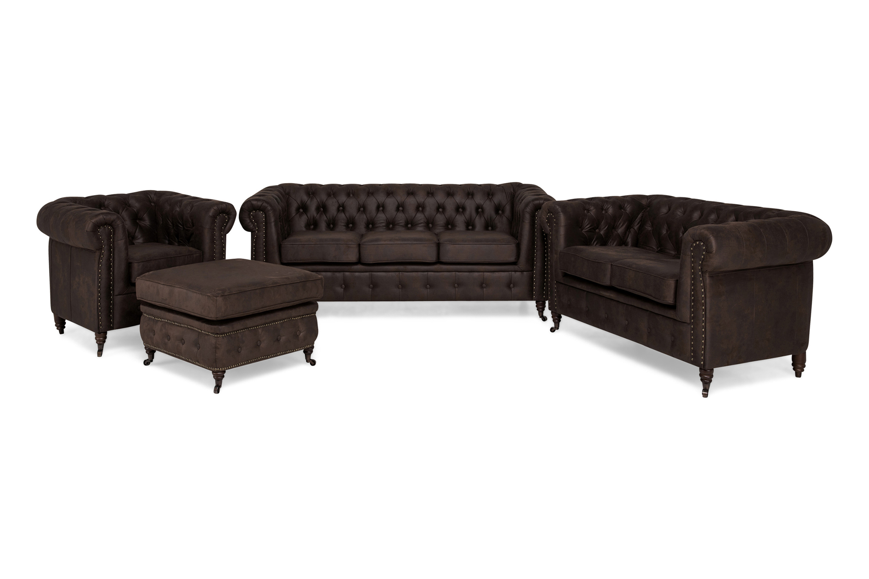 Soffgrupp Chester Deluxe 3-sits-2-sits-Fåtölj-Fotpall Mörkbrun