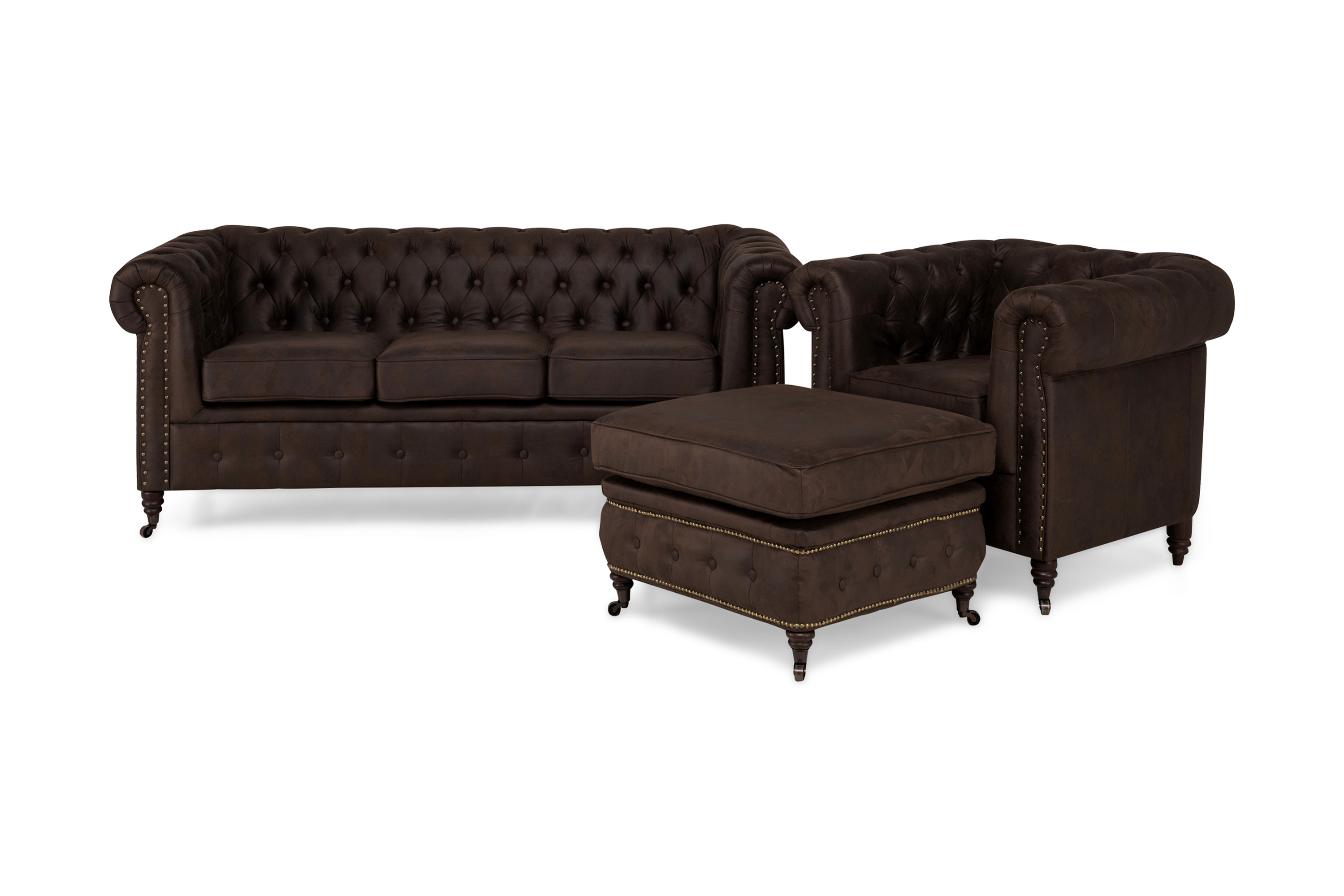 Soffgrupp Chester Deluxe 3-sits-Fåtölj-Fotpall Mörkbrun