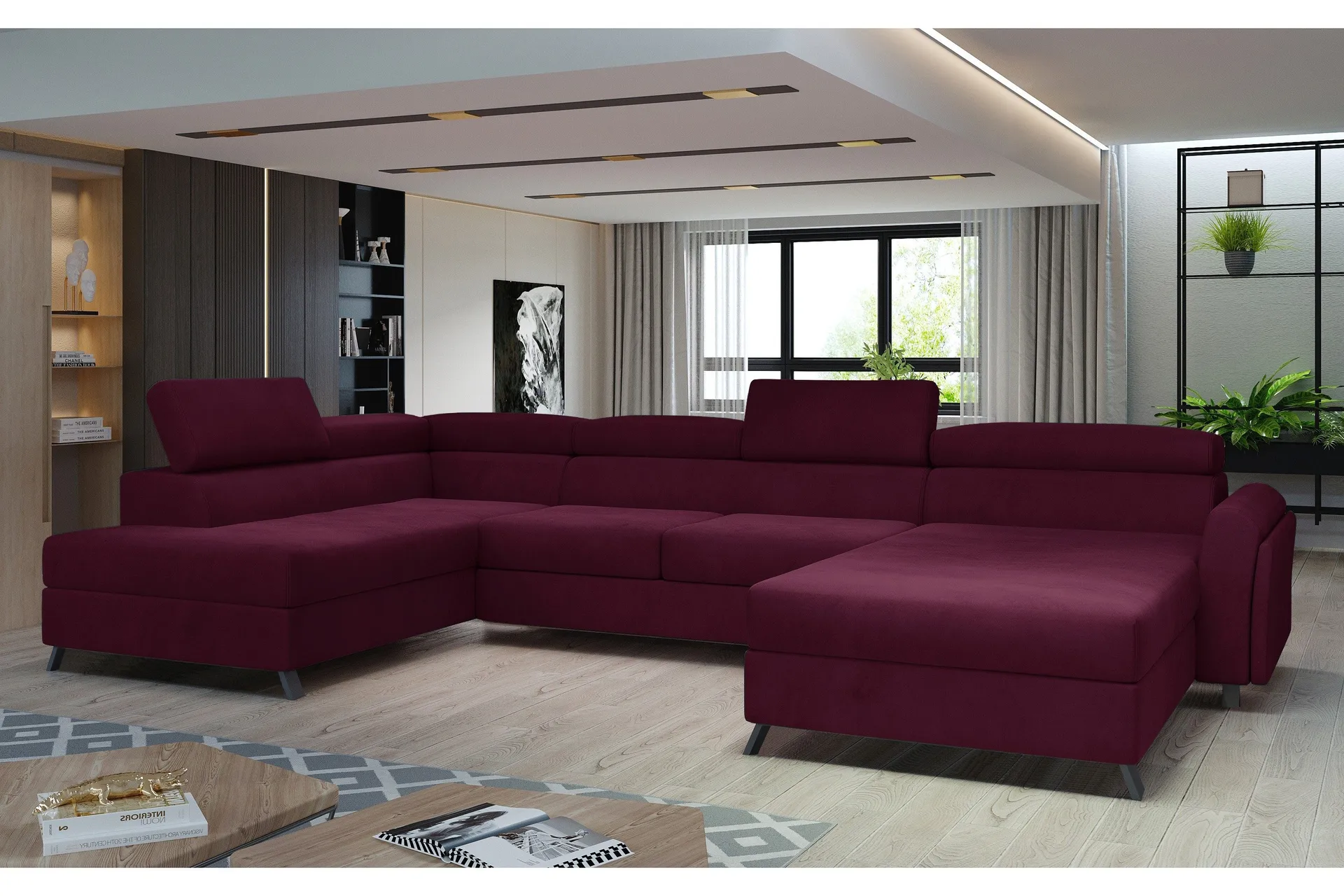 Stor lila U-soffa med divan i sammet