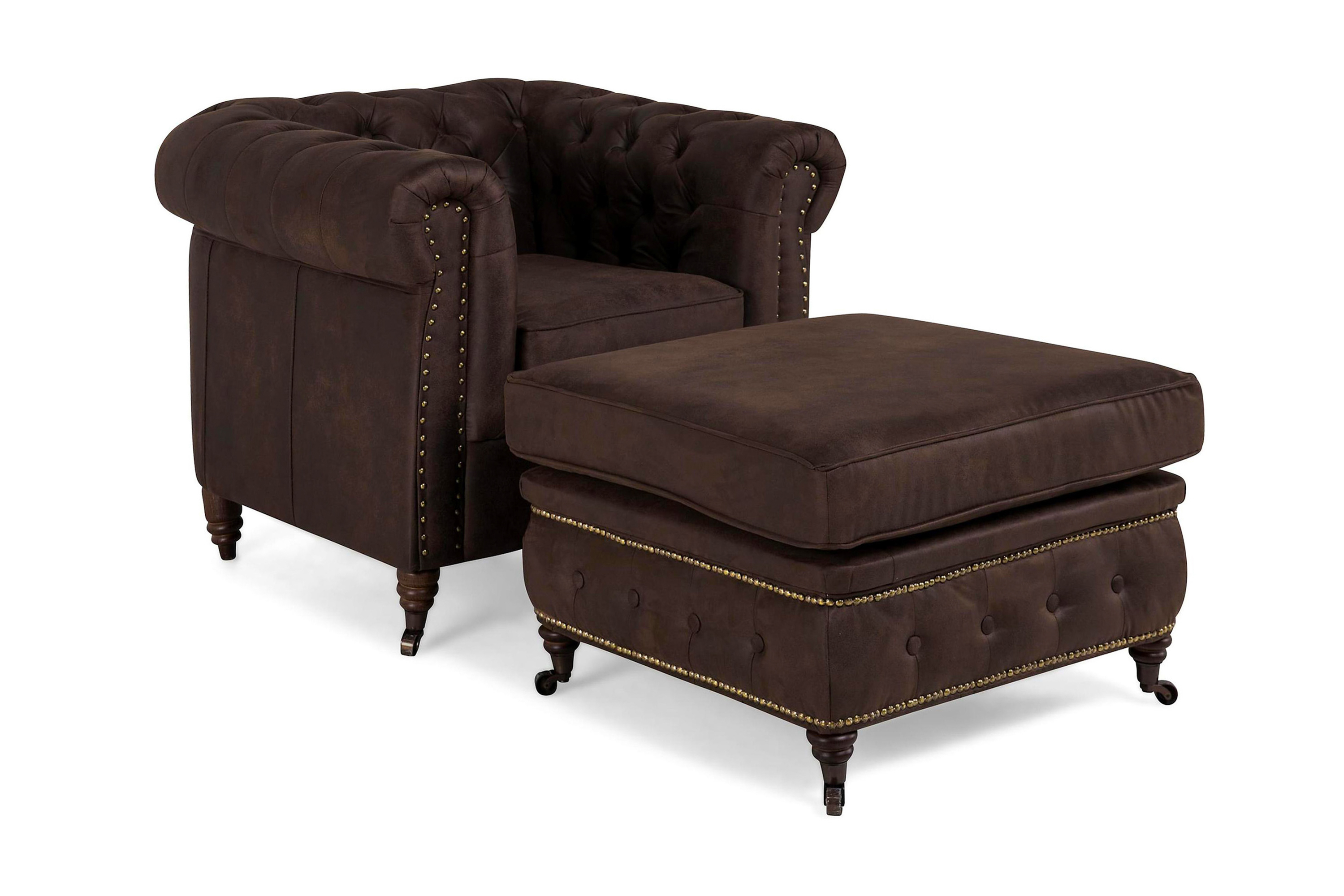 Chester Deluxe Fåtölj-Fotpall Vintage Mörkbrun Brun
