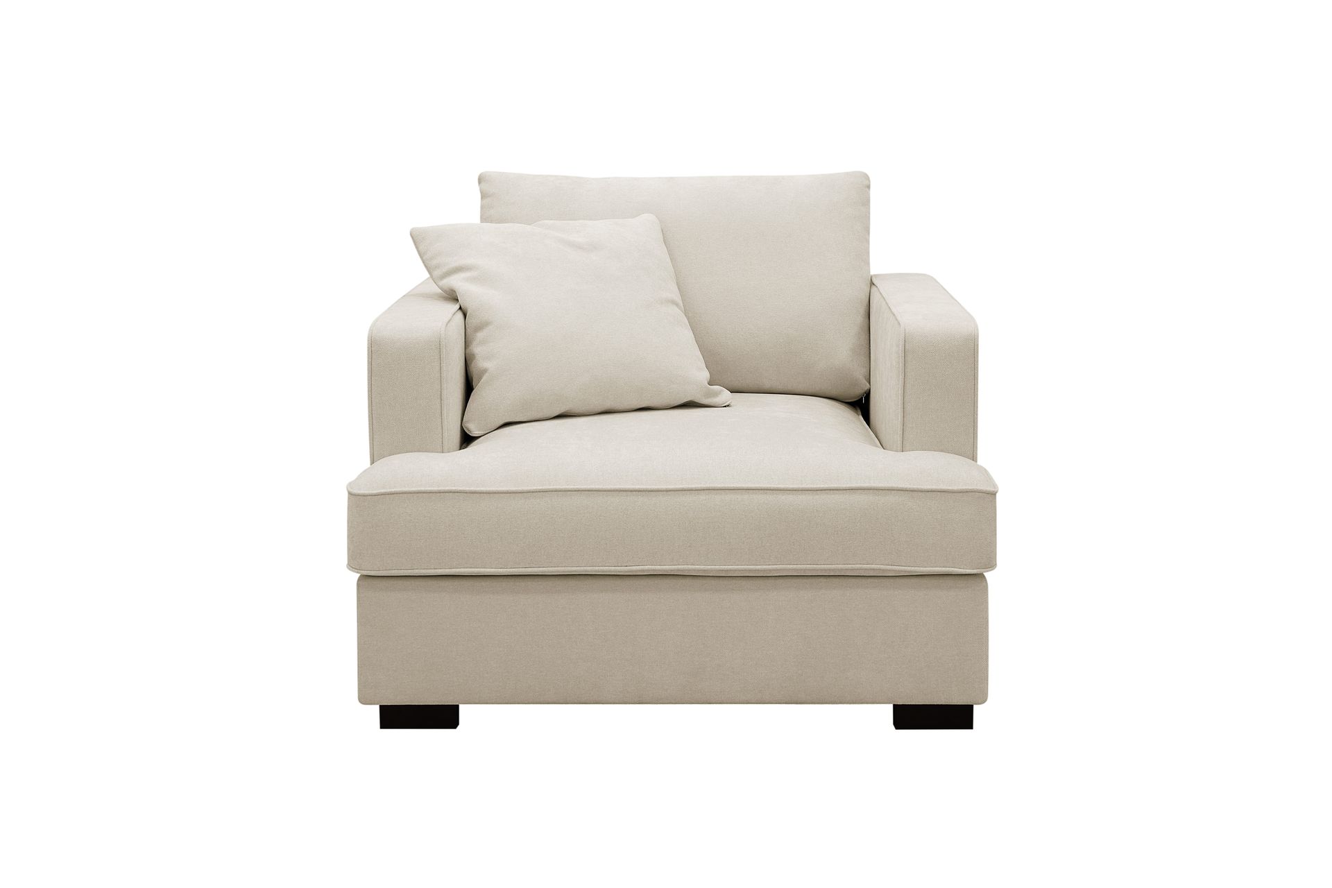 Beige extra djup fåtölj med låg rygg och breda dynor