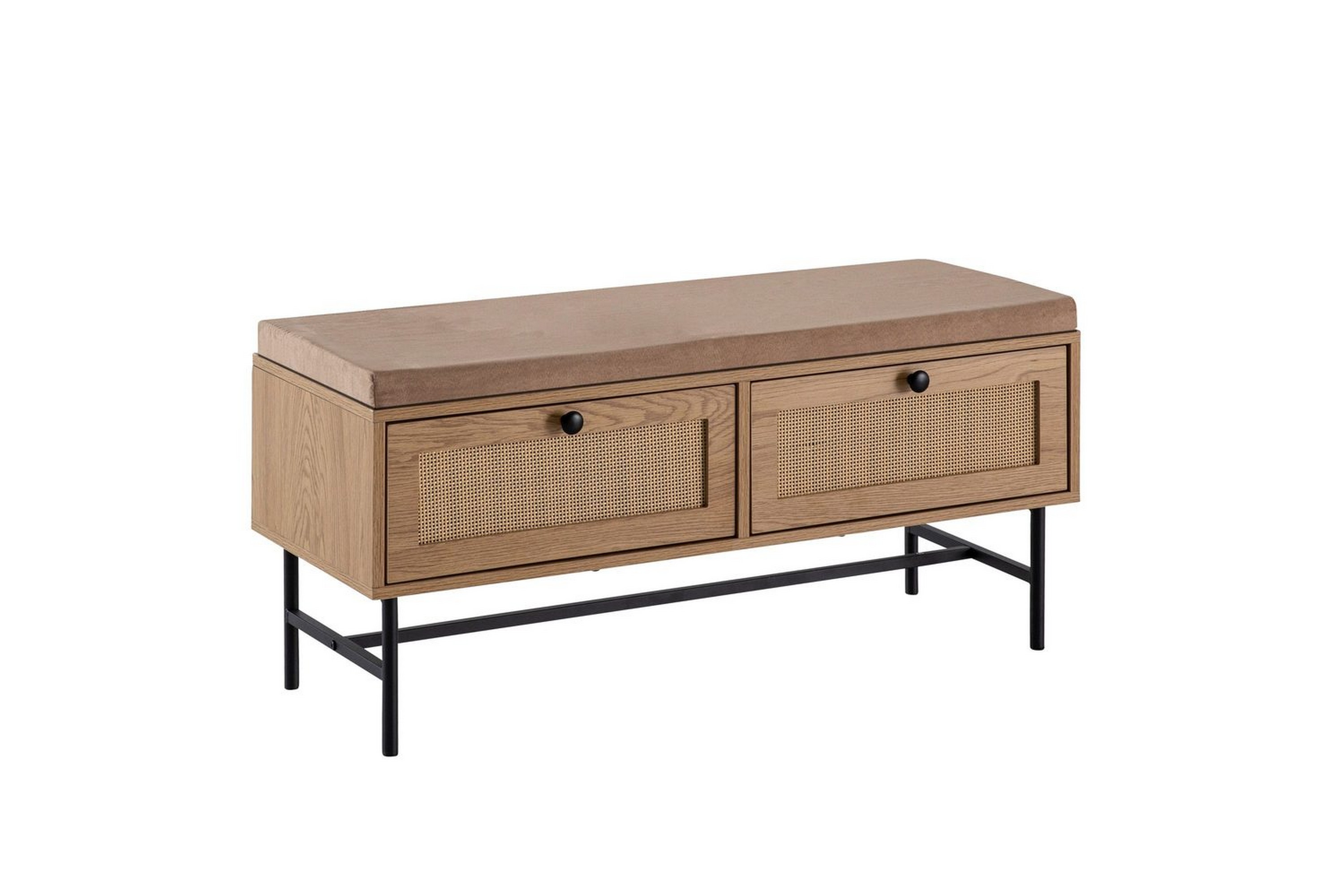 bänk wohnling tygklädd sittplats med 2 rottingliknande lådor i ekdekor -