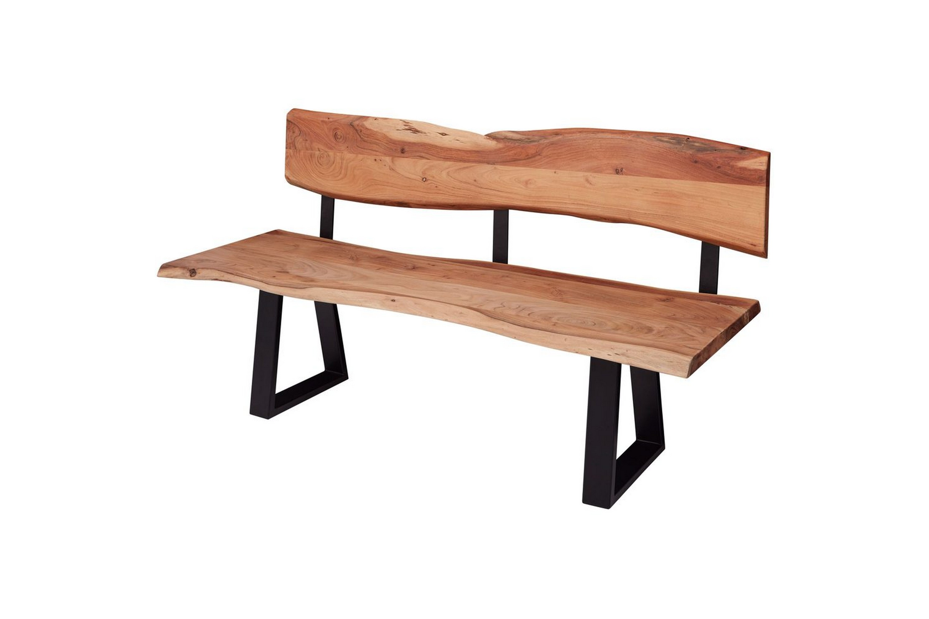 matbänk wohnling köksbänk i massivt trä med trädets kant med metallben, lantlig stil med ryggstöd, 180 cm - med ryggstöd, 180 cm