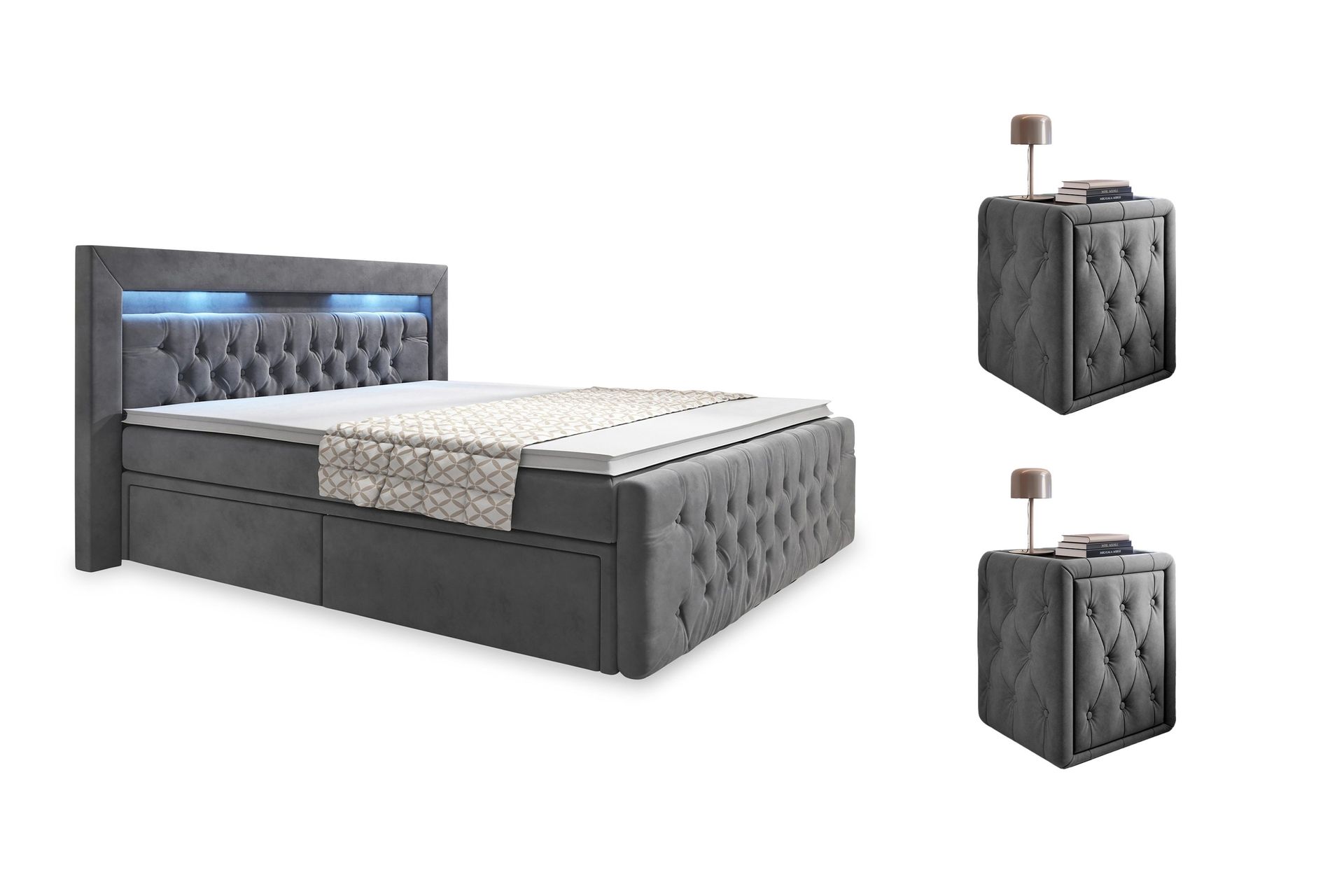 franco komplett sängpaket med förvaring led-belysning 180x200 cm + 2st franco sängbord - gråsammet