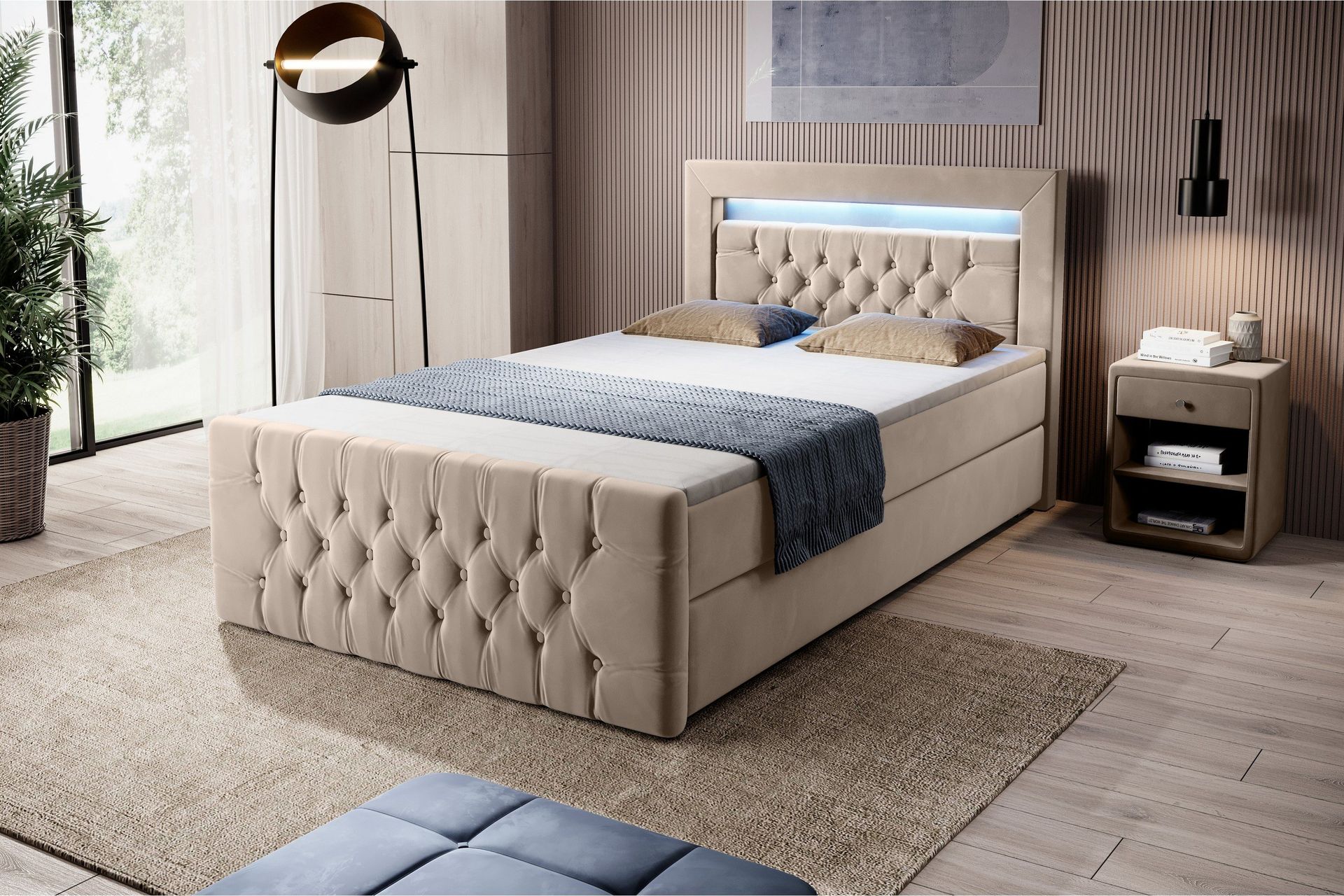 Franco S&auml;ngpaket med f&ouml;rvaring 120x200 LED-belysning - 120x200 Beige (+Fler val)