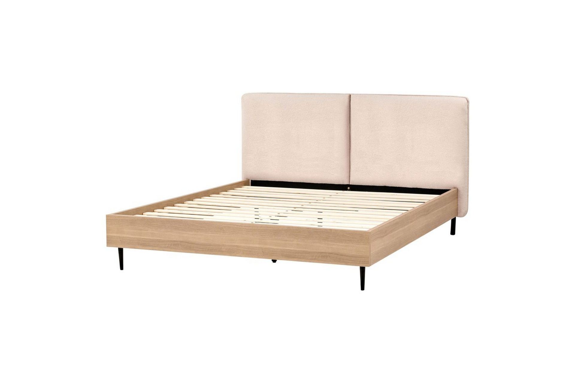 S&auml;ng med lamellram Limanton - Beige, ljust tr&auml;, svart/Boucl&eacute;, 160x200 cm