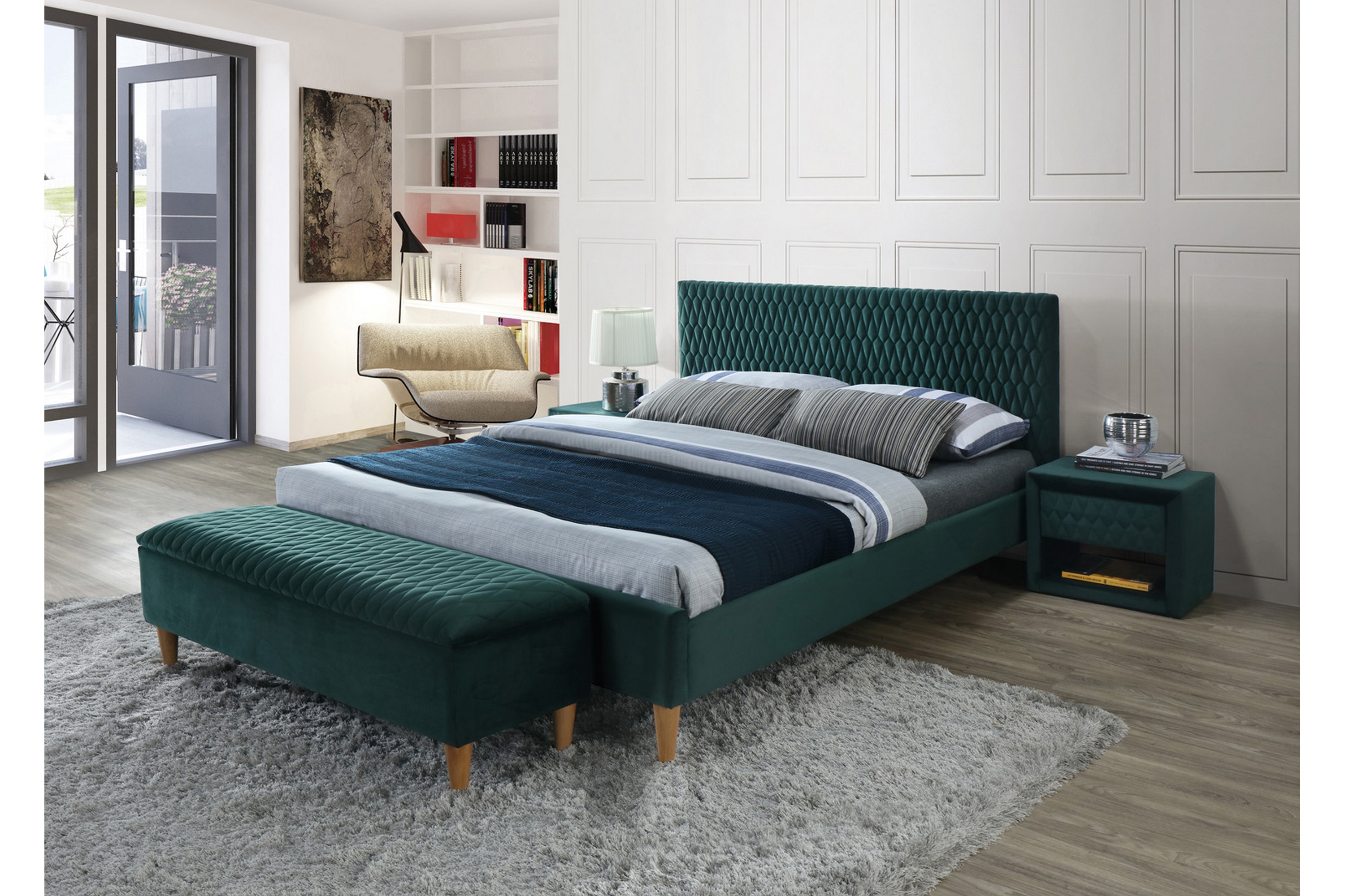 sängram comana 160x200 cm - sammet/grön/trä/natur