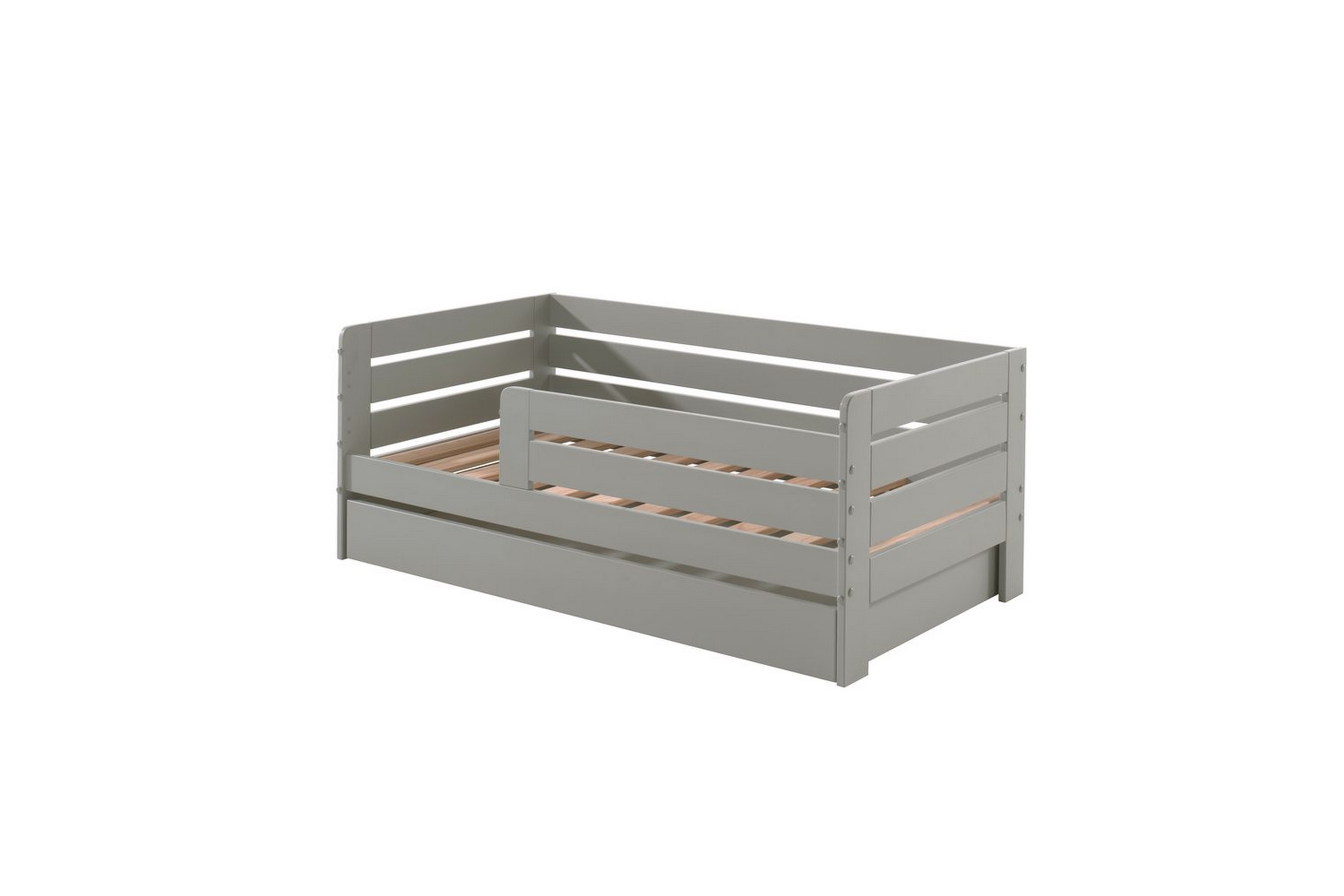 juniorsäng med skyddsräcken och låda peuterbed grå - grå