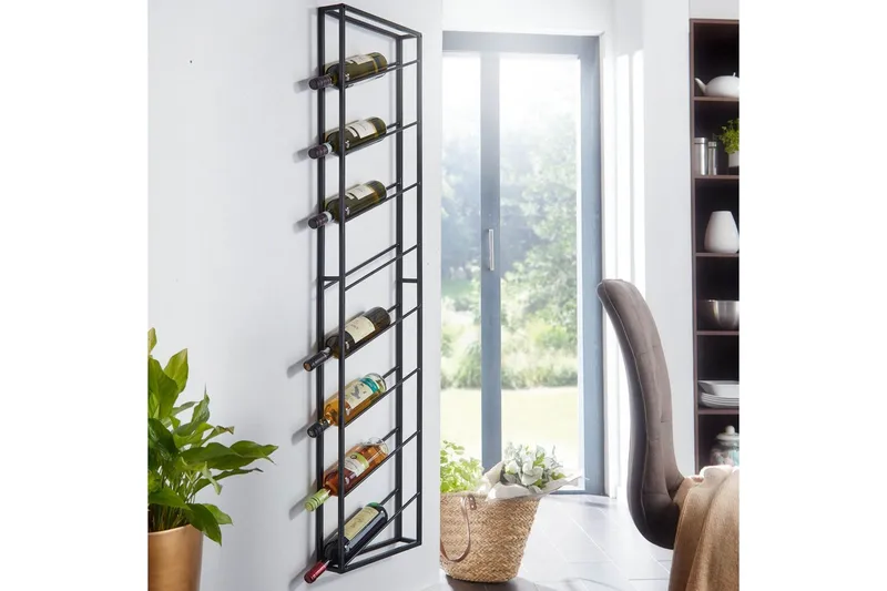 Vinställ Wohnling väggmonterad, plats för 8 flaskor, pulverlackerad metall, industriell loftstil Svart - Svart - Servering & matlagning - Karaff & tillbringare - Glasflaska
