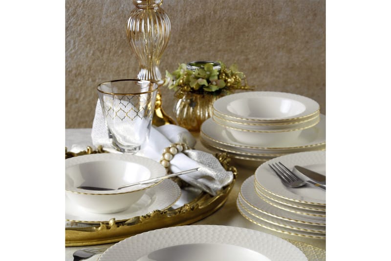 Middagsservis Adine 24 Delar Porslin - Vit|Guld - Porslin - Porslin servis - Tallrikar & skålar