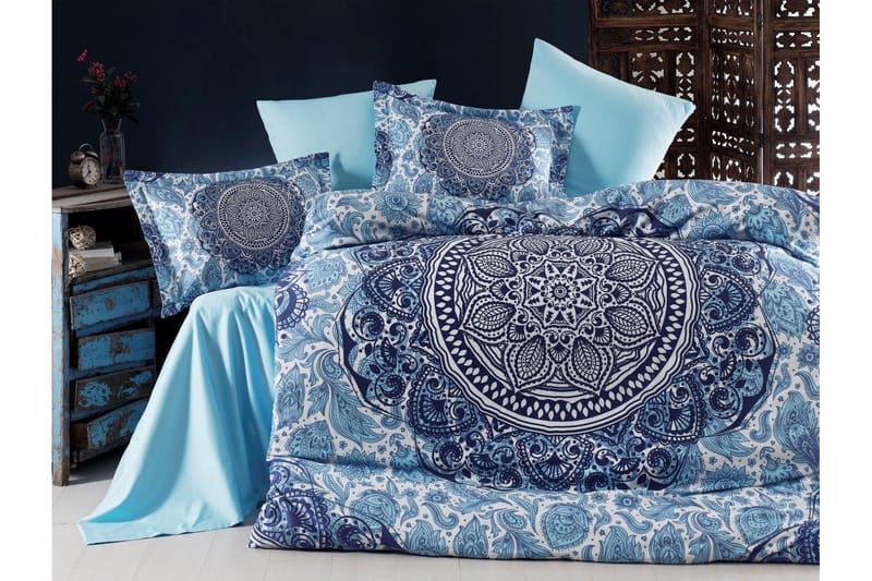 Bäddset Primacasa by Türkiz Dubbelt 6-dels Satin - Mörkblå|Vit|Blå - Textil & mattor - Sängkläder - Bäddset & påslakanset