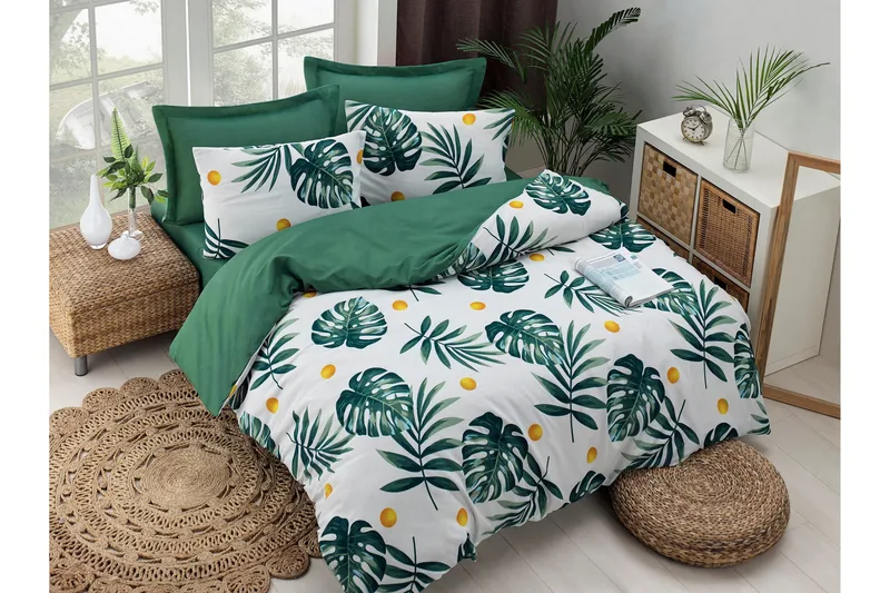 EnLora Home Bäddset Dubbelt 4-dels, Grön/Vit/Gul