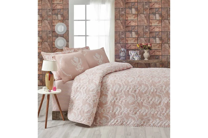 Eponj Home Överkast Enkelt 160x220+Kuddfodral Quiltat, Rosa/Vit