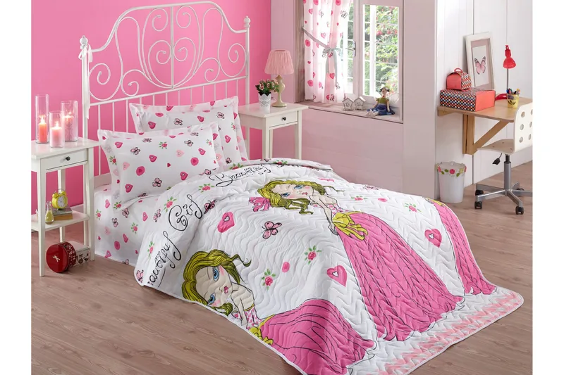 Eponj Home Överkast Enkelt 160x220+Kuddfodral Quiltat, Vit/Rosa/Gul