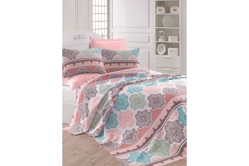 Eponj Home Överkast Enkelt 160x235 cm, Turkos/Rosa/Creme