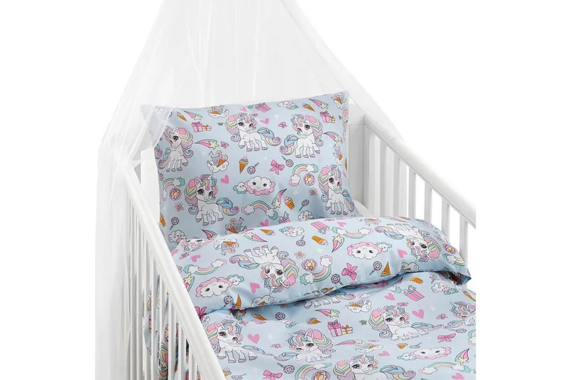 Påslakanset till Spjälsäng 2-Dels Enhörning Blå