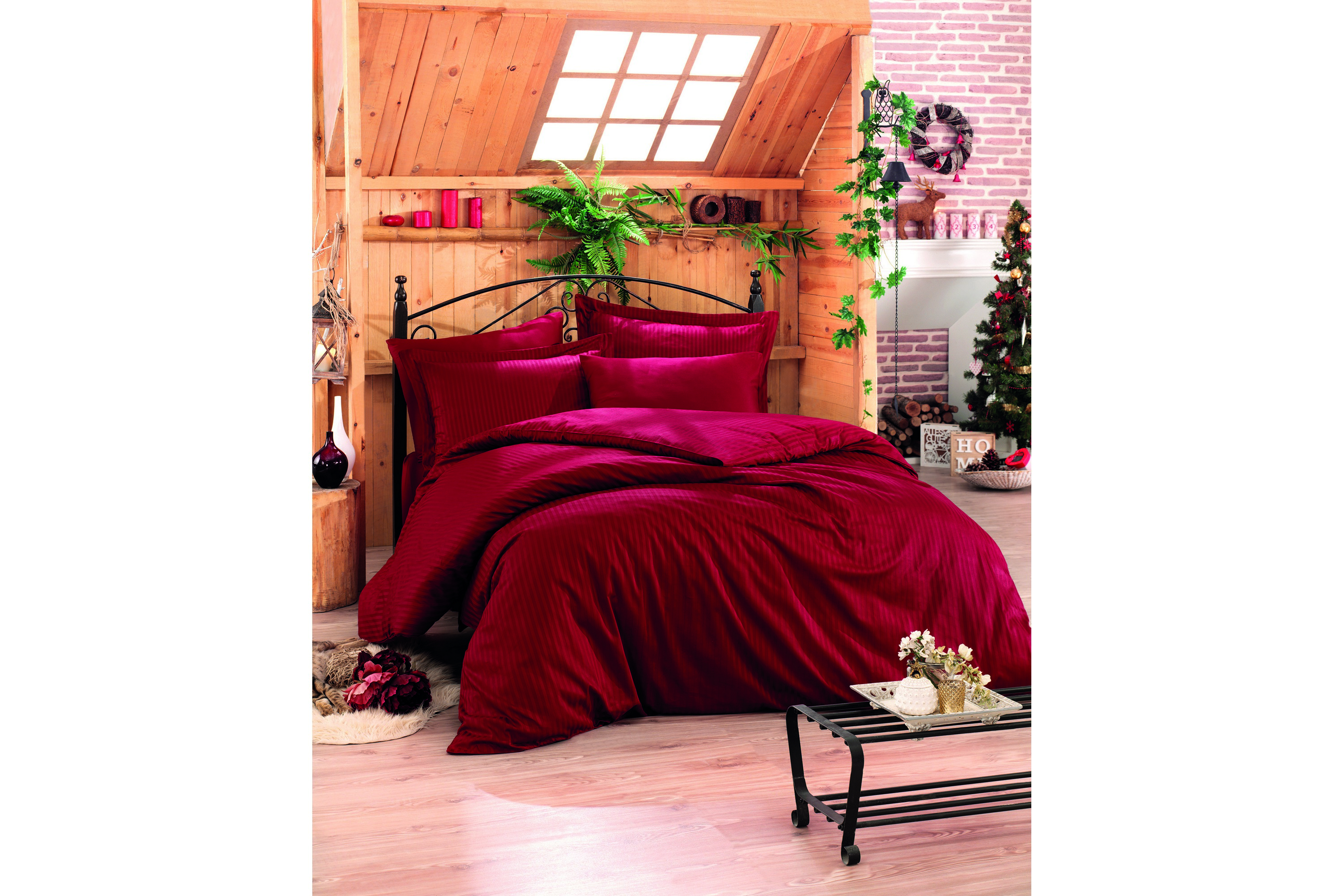 Bäddset Cotton Box Dubbelt 4-dels Premium Satin Mörkröd
