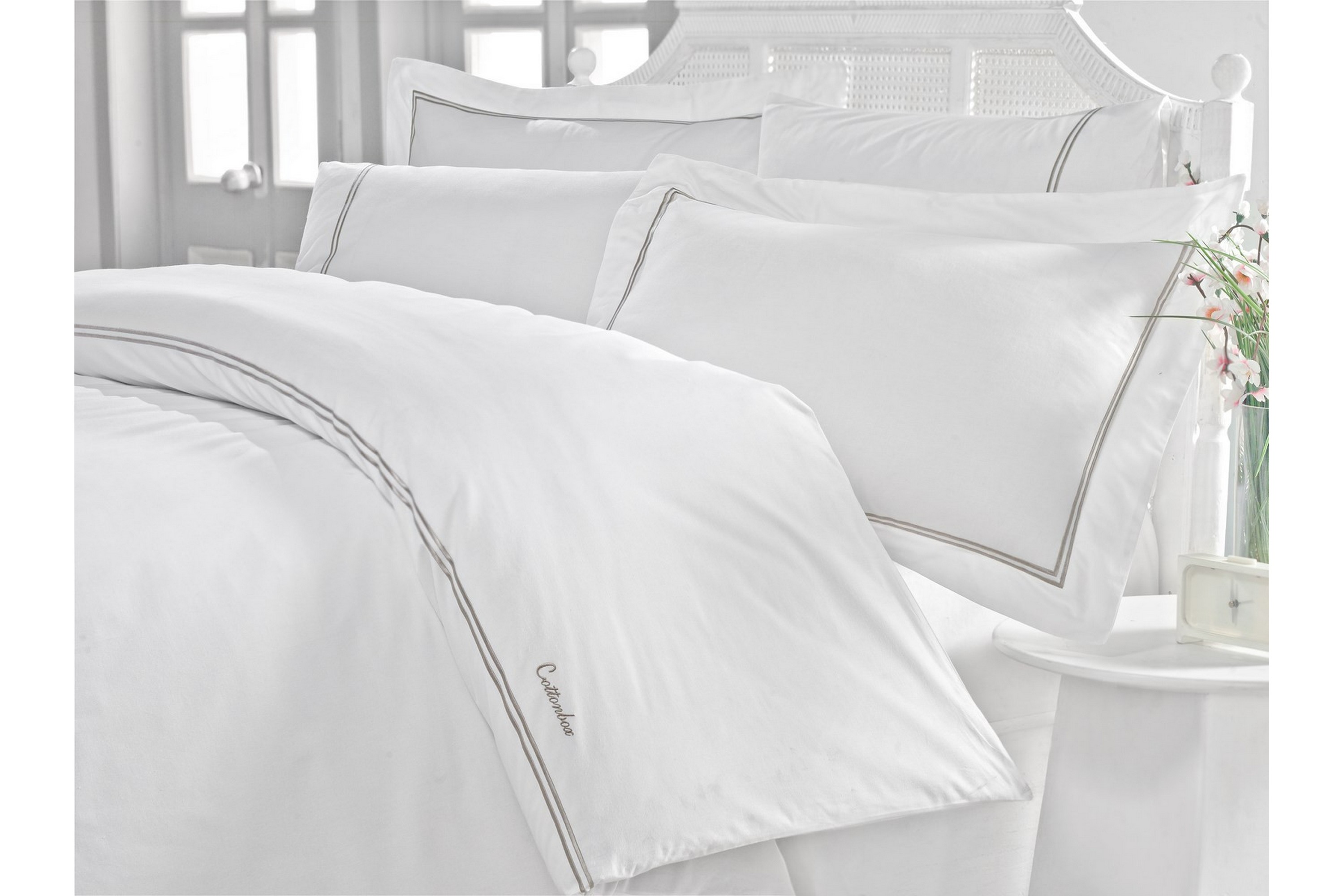 Bäddset Cotton Box Dubbelt 6-dels Satin Vit/Grå