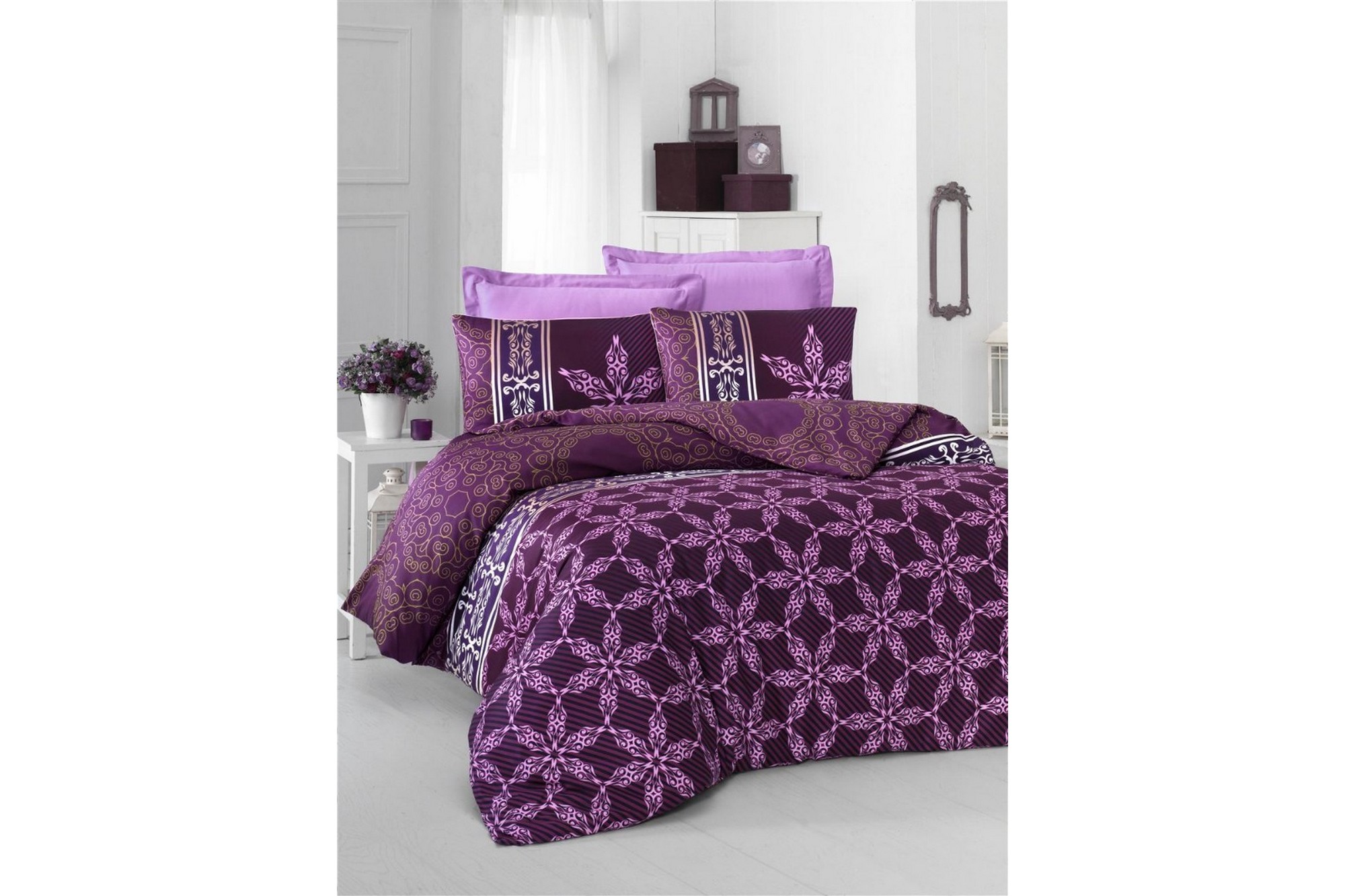 Bäddset Victoria Dubbelt 6-dels Satin LilaVit
