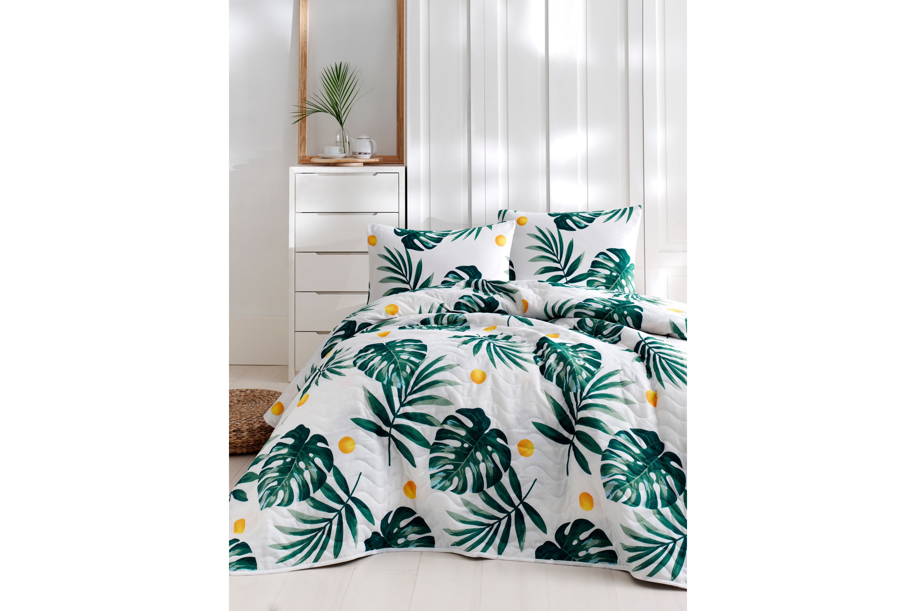 Överkast EnLora Home Enkelt 200x220-Kuddfodral VitGrönGul