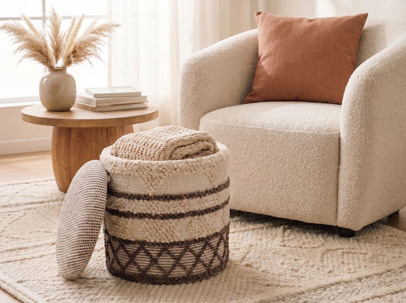 Volen Rund sittpuff med förvaring i ulltyg - beige - Textil & mattor - Filt & pläd