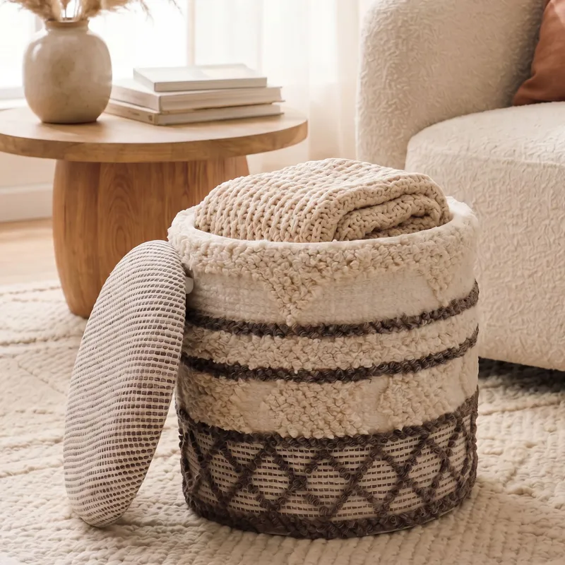 Volen Rund sittpuff med förvaring i ulltyg - beige - Textil & mattor - Filt & pläd