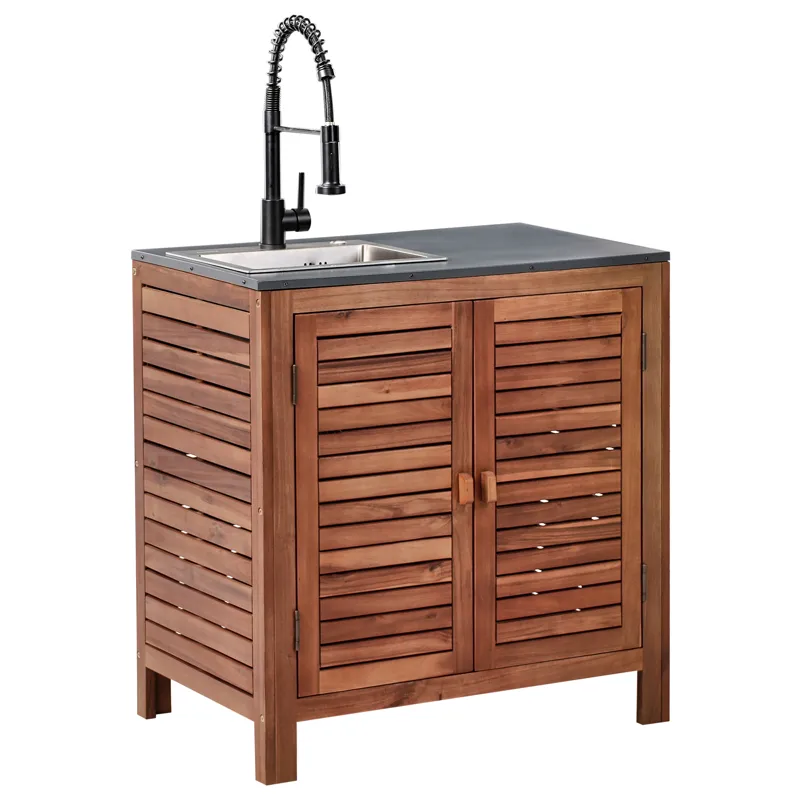 Köksskåp med Vask För Utomhusbruk Brucoli Akaciaträ 80 cm, Brun/Grå/Svart/Silver