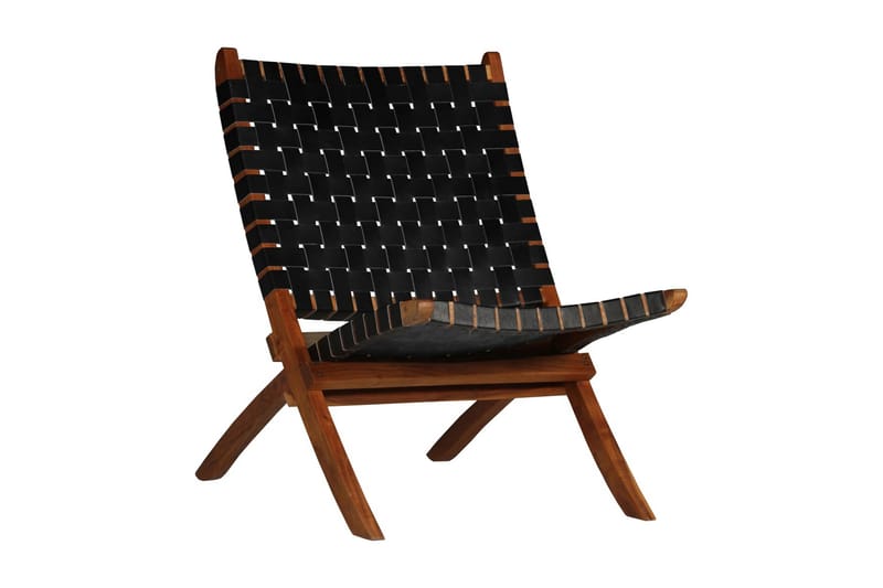 Hopfällbar stol flätad svart äkta läder - Svart - Utefåtölj & loungefåtölj - Loungestol utomhus