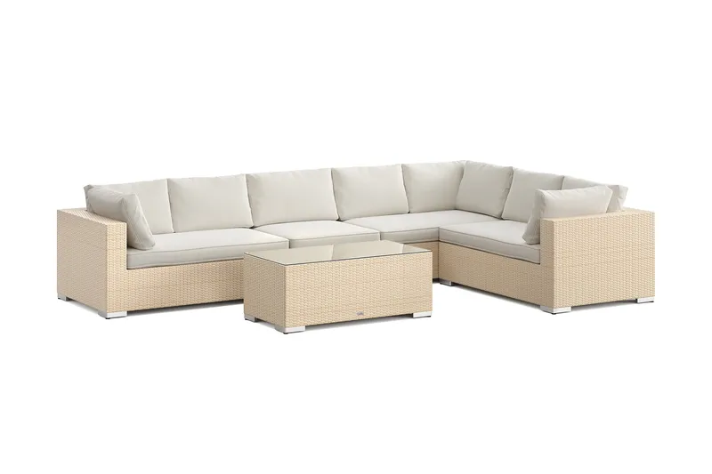 Bahamas L-formad utesoffa höger, 7-sits med bord, Beige