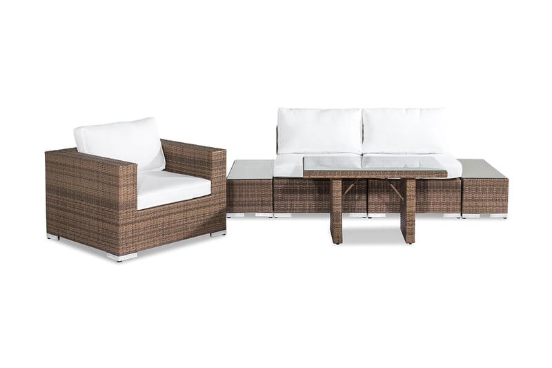 Bahamas Liten Loungegrupp Utomhus - 3-sits Litet Loungeset med Utefåtölj i Konstrotting för Uteplats och Balkong - Beige / Vita dynor - Utemöbler & utemiljö - Loungemöbler - Loungeset & loungegrupp
