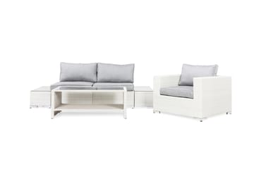 Bahamas Liten Loungegrupp Utomhus - 3-sits Litet Loungeset med Utefåtölj i Konstrotting för Uteplats och Balkong - Vit / Gråa dynor - Utemöbler & utemiljö - Loungemöbler - Loungeset & loungegrupp