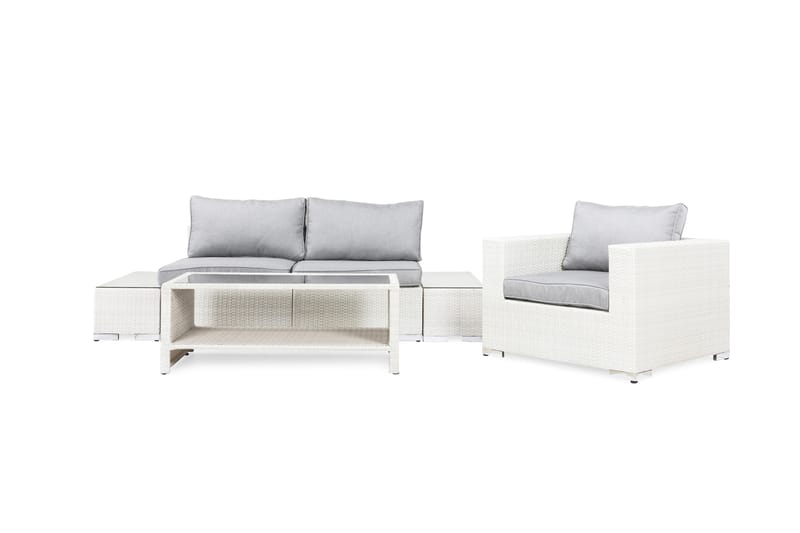 Bahamas Liten Loungegrupp Utomhus - 3-sits Litet Loungeset med Utefåtölj i Konstrotting för Uteplats och Balkong - Vit / Gråa dynor - Utemöbler & utemiljö - Loungemöbler - Loungeset & loungegrupp