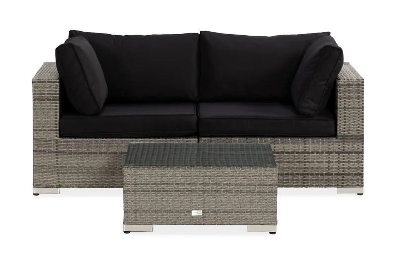 Bahamas Liten loungegrupp utomhus - Soffgrupp till balkong 3-sits - Litet loungeset konstrotting utemöbler, Grå /Sand / Svarta dynor