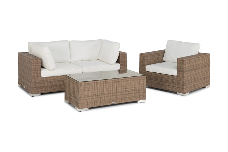 Bahamas Liten loungegrupp utomhus - Soffgrupp till balkong 3-sits - Litet loungeset konstrotting utemöbler - Sand / Brun / Vita dynor - Utemöbler & utemiljö - Loungemöbler - Loungeset & loungegrupp