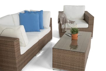 Bahamas Liten loungegrupp utomhus - Soffgrupp till balkong 3-sits - Litet loungeset konstrotting utemöbler - Sand / Brun / Vita dynor - Utemöbler & utemiljö - Loungemöbler - Loungeset & loungegrupp