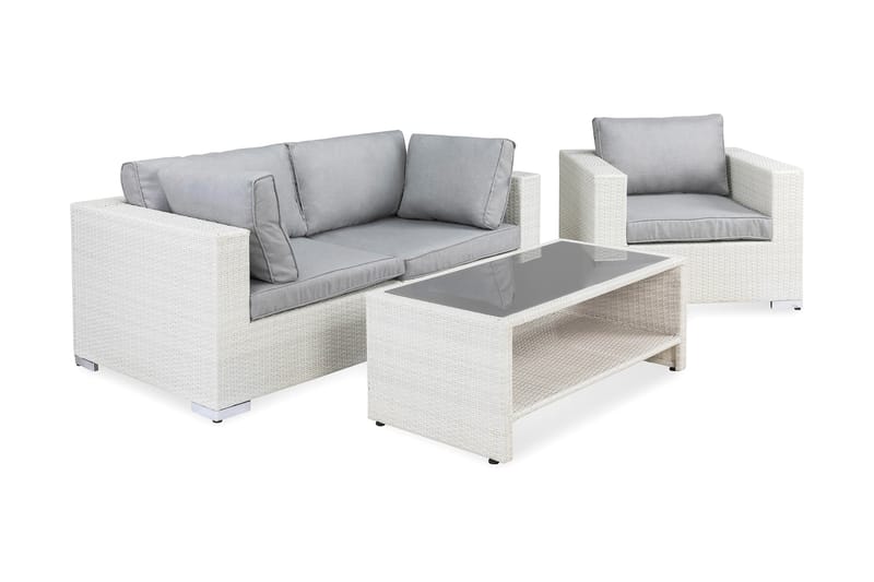 Bahamas Liten loungegrupp utomhus - Soffgrupp till balkong 3-sits - Litet loungeset konstrotting utemöbler - Vit / Mörkgråa dynor - Utemöbler & utemiljö - Loungemöbler - Loungeset & loungegrupp