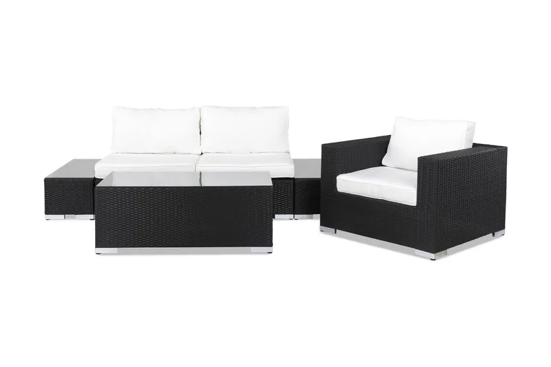 Bahamas Liten loungegrupp utomhus - Soffgrupp till balkong 3-sits - Litet loungeset med 1 fåtölj konstrotting utemöbler, Mörk / Vita dynor
