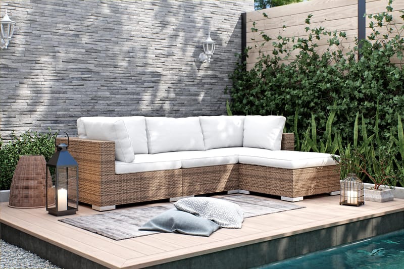 Bahamas Loungegrupp ute - Soffgrupp till trädgården med 4-sits - Loungeset konstrotting utemöbler - Sand / Vita dynor - Utemöbler & utemiljö - Loungemöbler - Loungeset & loungegrupp