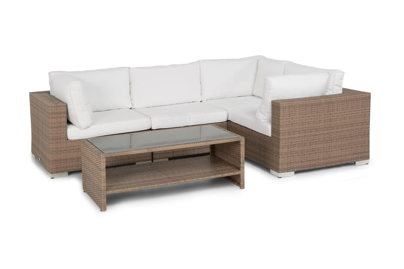 Bahamas Loungegrupp Utomhus - 4-sits Konstrotting Utemöbler L-format Loungeset för Uteplats och Trädgård - Beige / Vita dynor - Utemöbler & utemiljö - Loungemöbler - Loungeset & loungegrupp