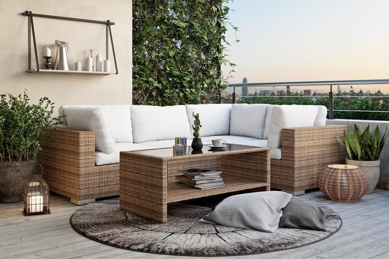 Bahamas Loungegrupp Utomhus - 4-sits Konstrotting Utemöbler L-format Loungeset för Uteplats och Trädgård - Beige / Vita dynor - Utemöbler & utemiljö - Loungemöbler - Loungeset & loungegrupp