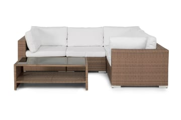 Bahamas Loungegrupp Utomhus - 4-sits Konstrotting Utemöbler L-format Loungeset för Uteplats och Trädgård - Beige / Vita dynor - Utemöbler & utemiljö - Loungemöbler - Loungeset & loungegrupp