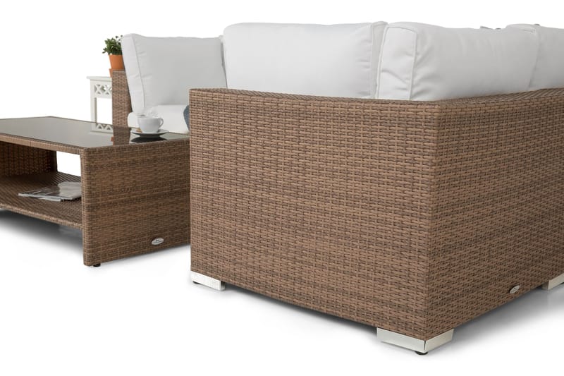 Bahamas Loungegrupp Utomhus - 4-sits Konstrotting Utemöbler L-format Loungeset för Uteplats och Trädgård - Beige / Vita dynor - Utemöbler & utemiljö - Loungemöbler - Loungeset & loungegrupp