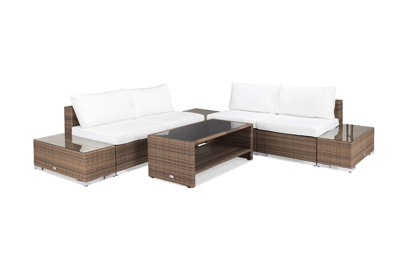 Bahamas Loungegrupp utomhus - Soffgrupp för trädgård & terrass 5-sits - Loungeset konstrotting utemöbler - Brun / Vita dynor - Utemöbler & utemiljö - Loungemöbler - Loungeset & loungegrupp