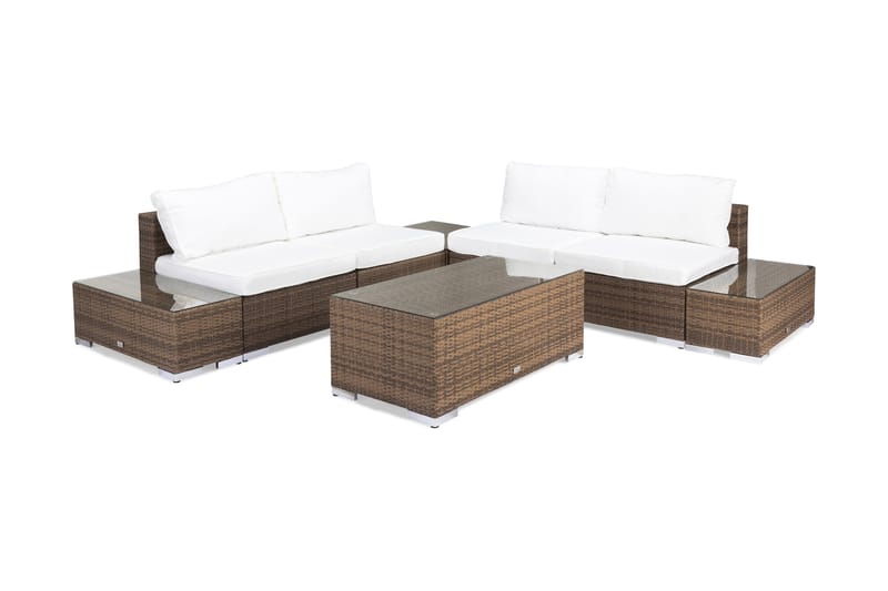 Bahamas Loungegrupp utomhus - Soffgrupp för trädgård 5-sits - Loungeset i konstrotting utemöbler - Brun / Vita dynor - Utemöbler & utemiljö - Loungemöbler - Loungeset & loungegrupp