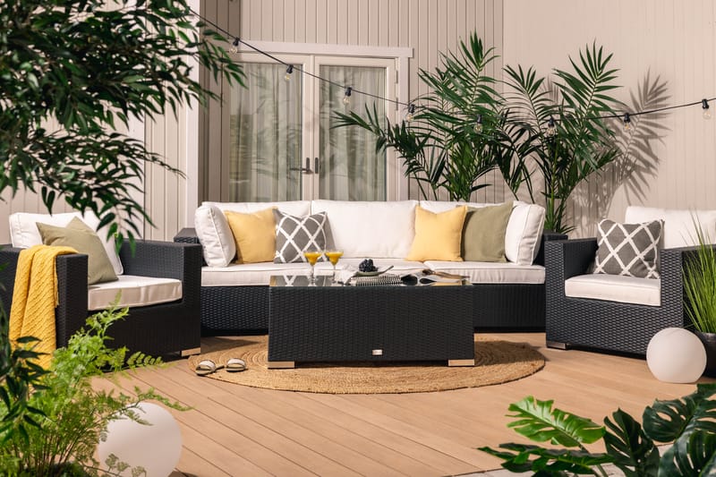 Bahamas Loungegrupp utomhus - Soffgrupp för trädgård med 5-sits - Loungeset konstrotting utemöbler - Svart / Vita dynor - Utemöbler & utemiljö - Loungemöbler - Loungeset & loungegrupp