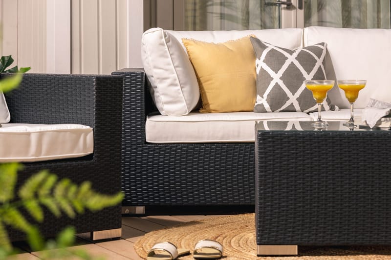 Bahamas Loungegrupp utomhus - Soffgrupp för trädgård med 5-sits - Loungeset konstrotting utemöbler - Svart / Vita dynor - Utemöbler & utemiljö - Loungemöbler - Loungeset & loungegrupp
